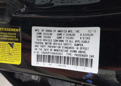 2016 Honda Accord Lx z USA, uszkodzony, nr VIN 1HGCR2F37GA093623